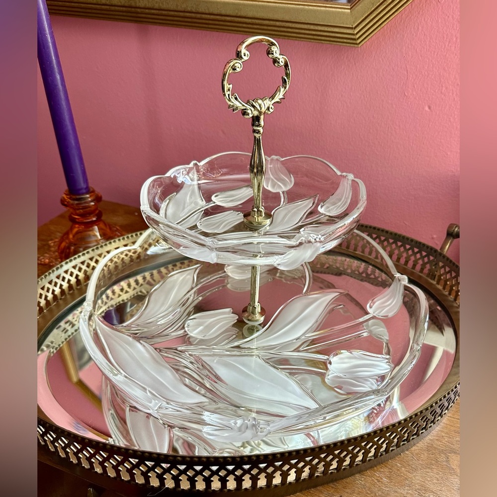 1980's Walther Glas West Germany Frosted Tulip 2-Tier Crystal Serving Tray